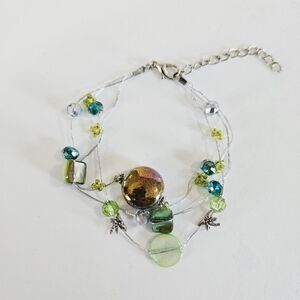 Vintage Y2K Multi-Strand Green Blue Rhinestone Crystal Beaded Palm Tree Bracelet